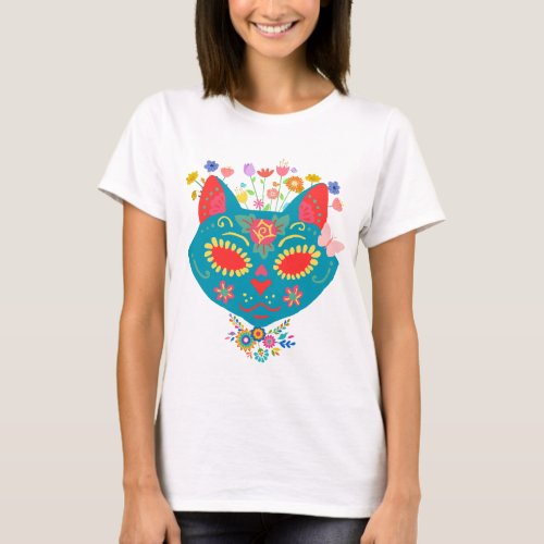 Cute Cat Sugar Skull Full of Color and Flowers T_Shirt