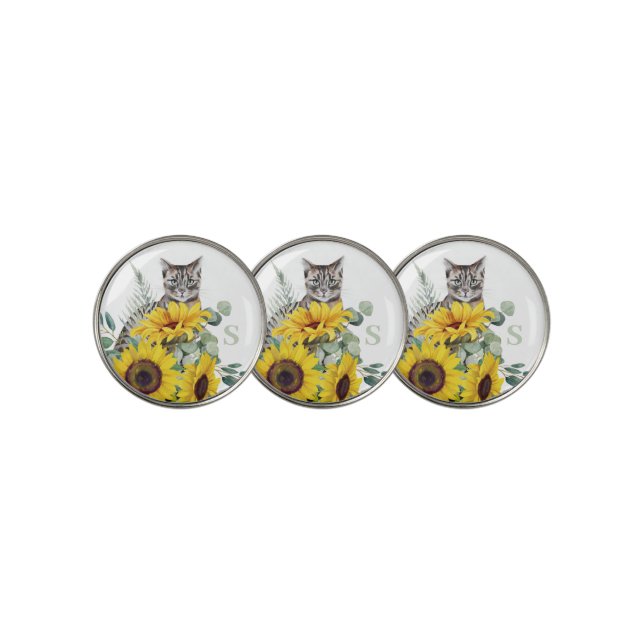 Cute Cat Sunflower Monogram  Golf Ball Marker (3 Up)