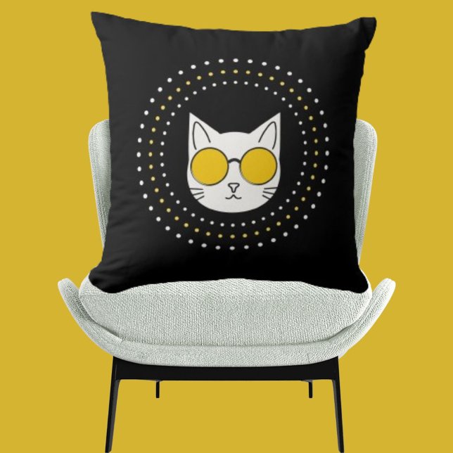Cute Cat Sunglasses And Dot In Yellow Black White Throw Pillow (Creator Uploaded)
