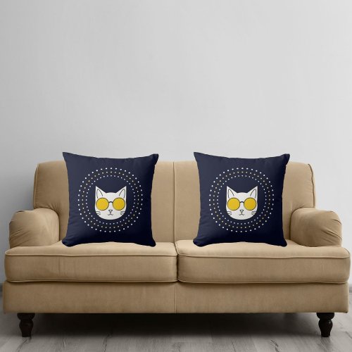 Cute Cat Sunglasses And Dot In Yellow Blue White Throw Pillow