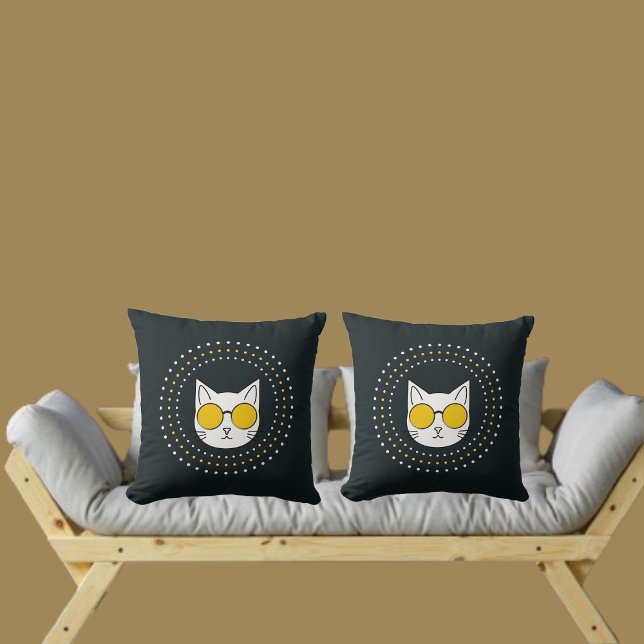 Cute Cat Sunglasses And Dot In Yellow White Gray Throw Pillow (Creator Uploaded)
