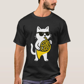 Cute Cat Sunglasses Playing French Horn Musician M T-Shirt