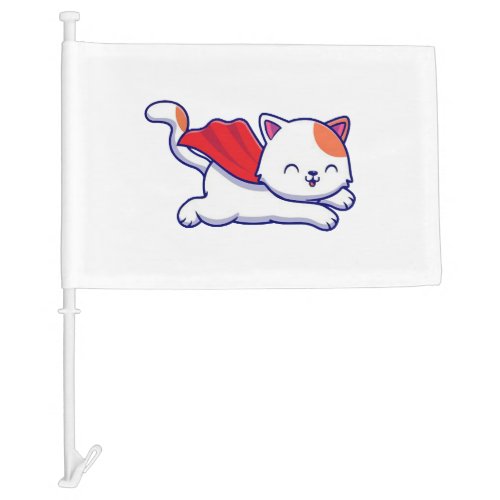 Cute cat super hero flying car flag