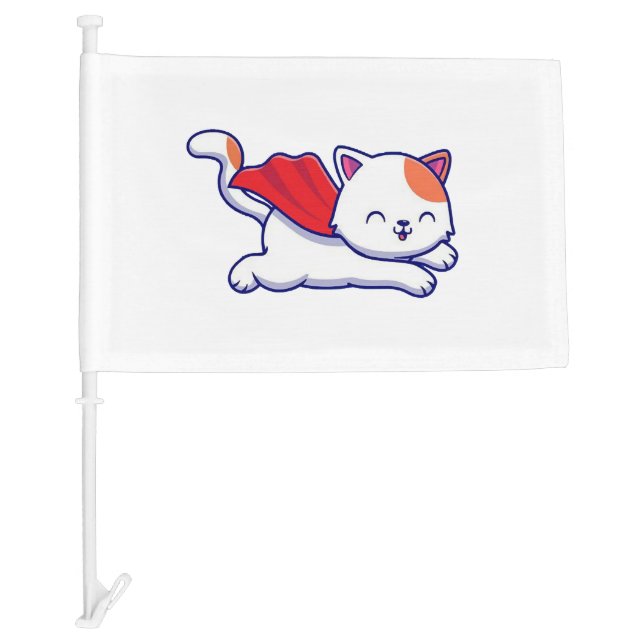 Cute cat super hero flying car flag (Front)