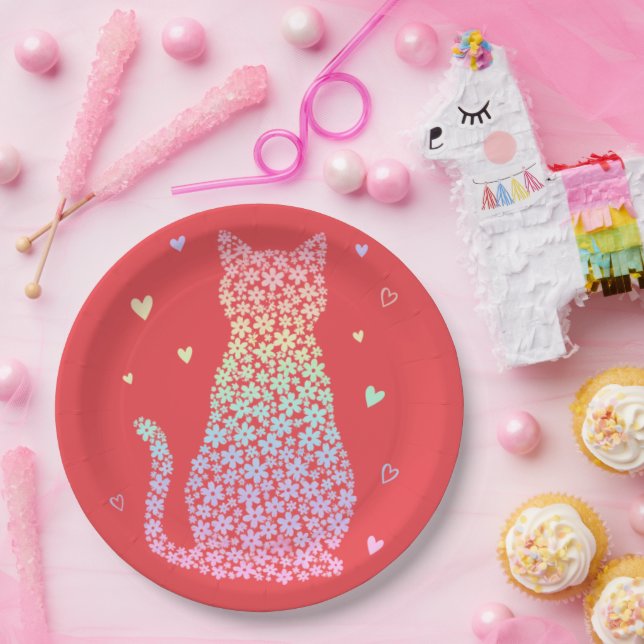  cute cat sweet rainbow hearts pastel gradient paper plates (Party)