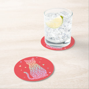 cute cat sweet rainbow hearts pastel gradient round paper coaster