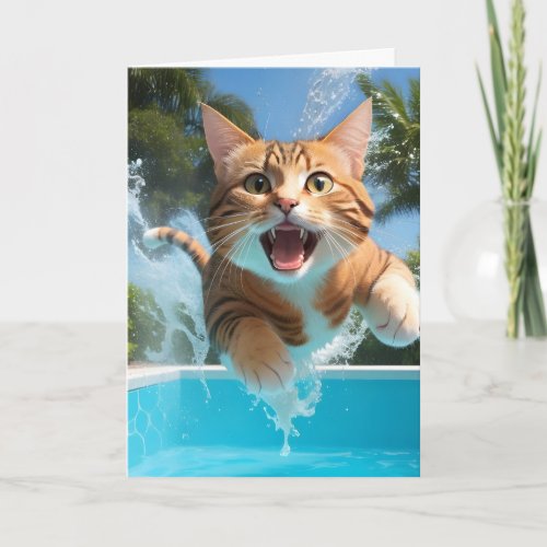 Cute Cat Swimming Diving in Pool Funny Blank Card