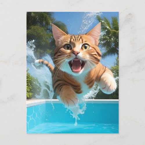 Cute Cat Swimming Diving in Pool Funny Postcard