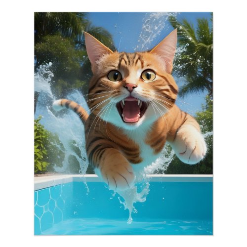 Cute Cat Swimming Diving in Pool Funny Poster