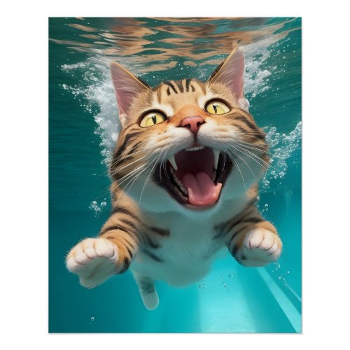 Cute Cat Swimming Diving Underwater in Pool Funny Poster
