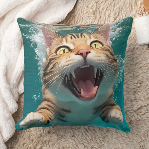 Cute Cat Swimming Diving Underwater in Pool Funny Throw Pillow
