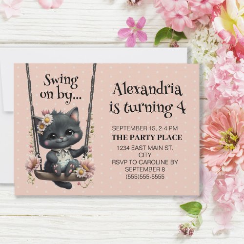 Cute Cat Swing on By Pink Dots Childs Birthday Invitation
