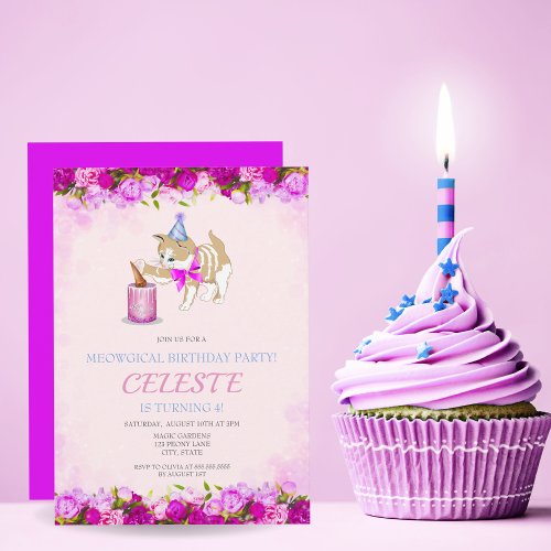 Cute Cat Swiping At Cake With Peonies and Glitter Invitation