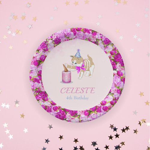 Cute Cat Swiping At Cake With Peonies and Glitter  Paper Plates