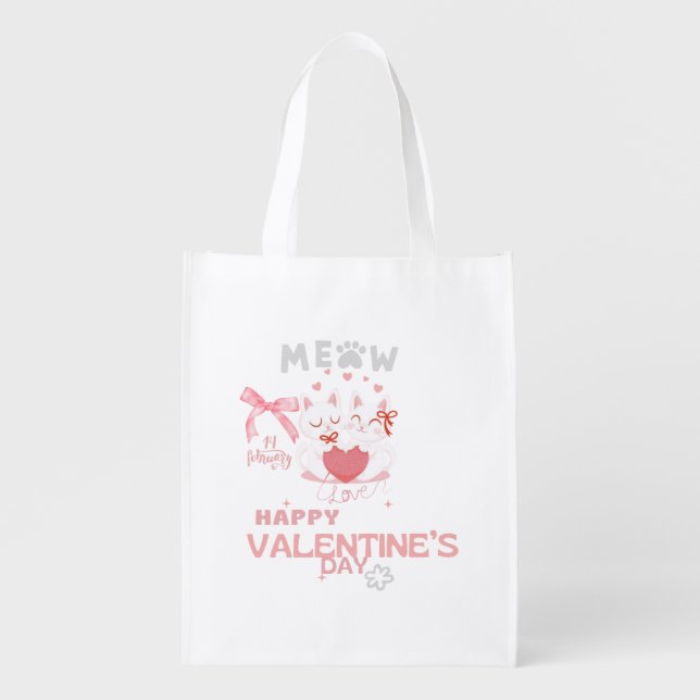 Cute Cat T-Shirt - Romantic Valentine's Day Design Grocery Bag (Front)