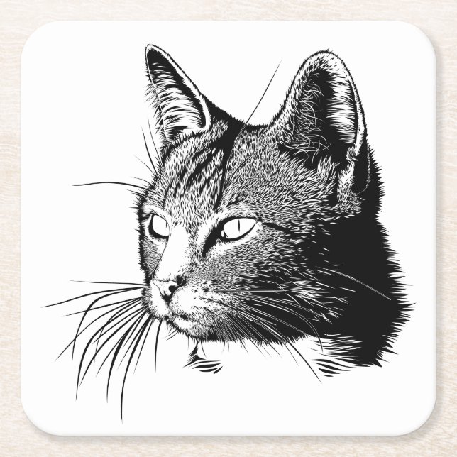 Cute Cat Tabby Kitty Illustration Tiger Kitten Square Paper Coaster (Front)