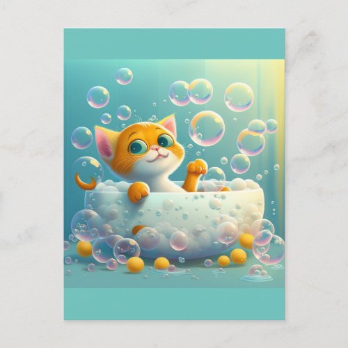 Cute cat taking a bath postcard