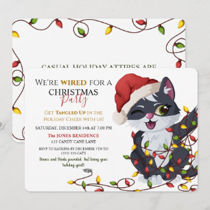 Cute Cat Tangled in String Lights Christmas Party Invitation