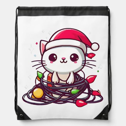 Cute Cat Tangled Up In Christmas Lights  Drawstring Bag