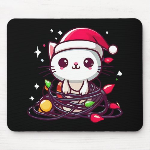 Cute Cat Tangled Up In Christmas Lights Mouse Pad