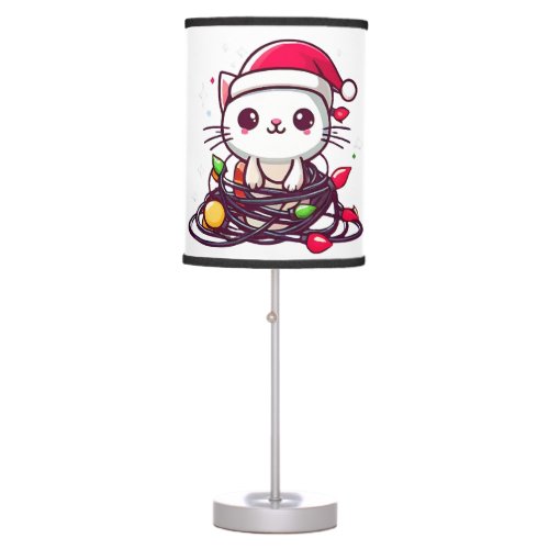 Cute Cat Tangled Up In Christmas Lights Table Lamp