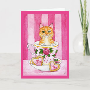 Cute Cat, tea cup, cookies, Valentines Day card