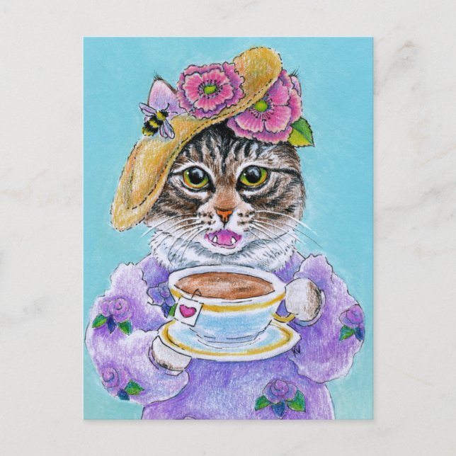 Cute Cat Tea Flowers Bee Valentine's Day postcard (Front)