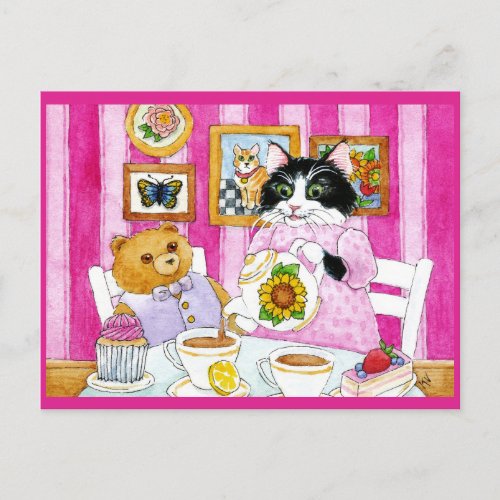 Cute Cat Teddy Bear tea party postcard