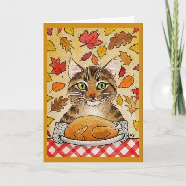 Cute cat Thanksgiving Turkey Autumn Leaves Card (Front)