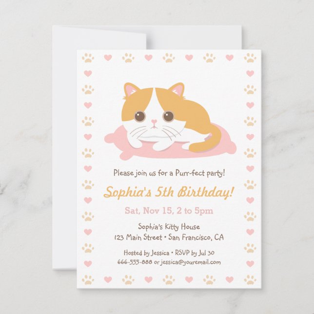 Cute Cat Themed Birthday Party Invitations (Front)
