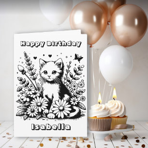 Cute Cat themed Coloring Page Girl's Birthday Card