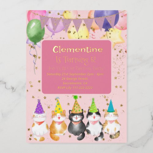 Cute Cat_Themed Kids Pink Birthday Party Foil Invi Foil Invitation Postcard