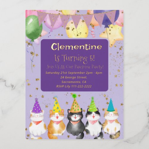 Cute Cat_Themed Kids Purple Birthday Party Foil In Foil Invitation Postcard