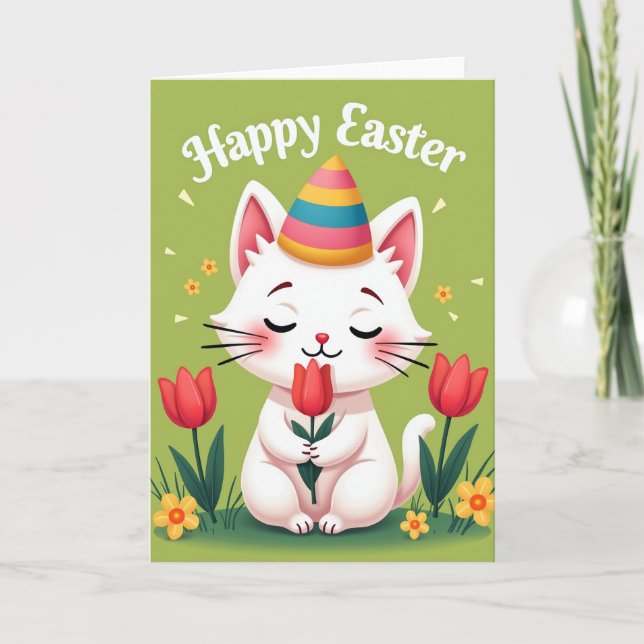 Cute Cat Tulip Springtime Card (Front)