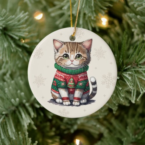 Cute Cat Ugly Sweater  Ceramic Ornament