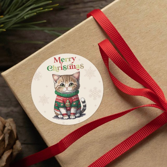 Cute Cat Ugly Sweater Party Classic Round Sticker (Creator Uploaded)