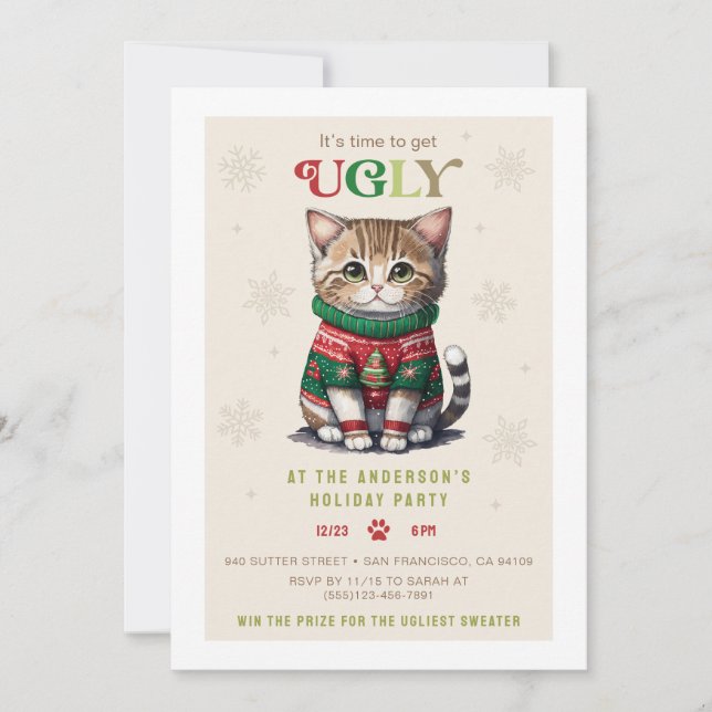 Cute Cat Ugly Sweater Party Invitation Card (Front)