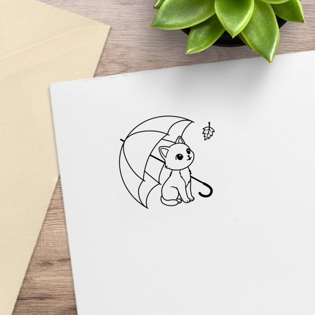 Cute Cat Umbrella Leaf 1x1 Rubber Stamp (Creator Uploaded)