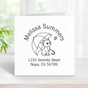 Cute Cat Umbrella Leaf Arch Address Rubber Stamp