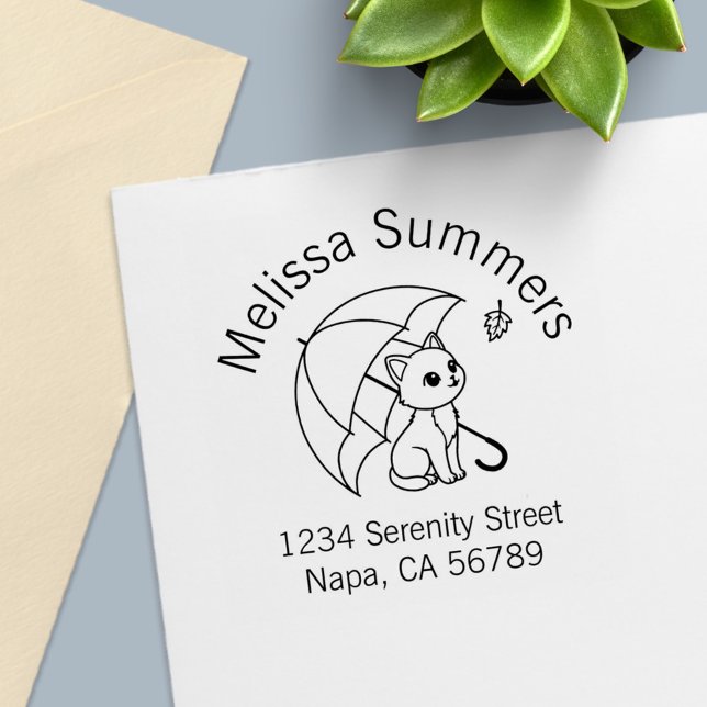 Cute Cat Umbrella Leaf Arch Address Self-inking Stamp (Creator Uploaded)