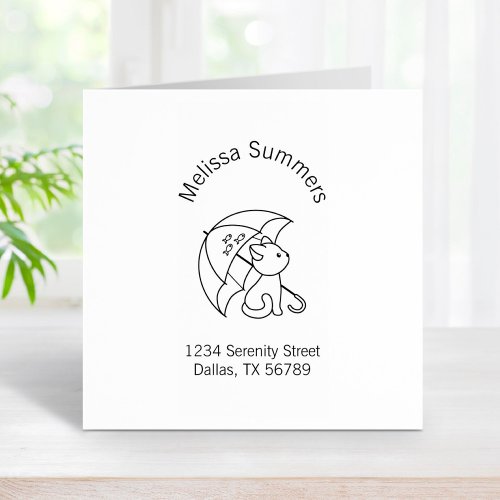 Cute Cat under Umbrella Address Rubber Stamp