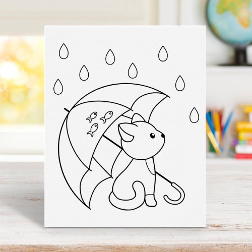 Cute Cat under Umbrella Coloring Page Poster