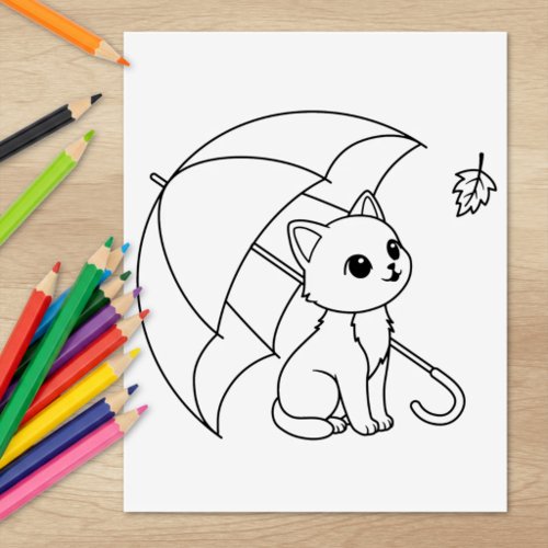 Cute Cat under Umbrella Coloring Page Rubber Stamp