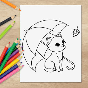 Cute Cat under Umbrella Coloring Page Rubber Stamp