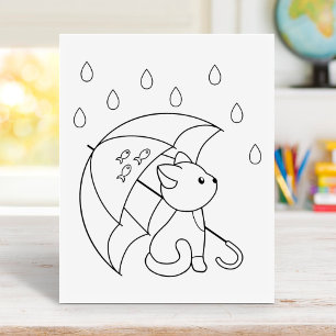 Cute Cat under Umbrella Coloring Page Rubber Stamp