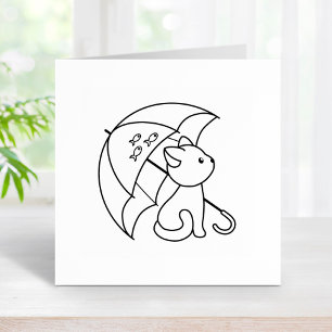 Cute Cat under Umbrella Rubber Stamp