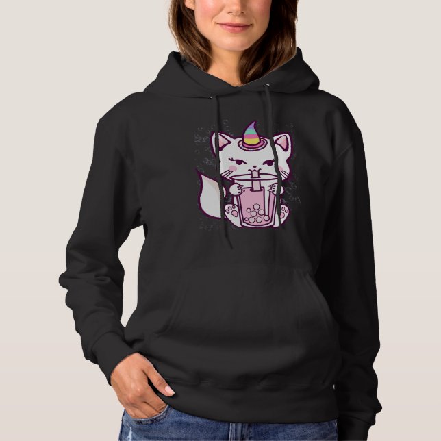 Cute Cat Unicorn Drinking Bubble Tea Design Hoodie (Front)