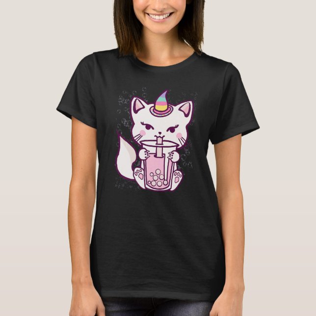 Cute Cat Unicorn Drinking Bubble Tea T-Shirt (Front)