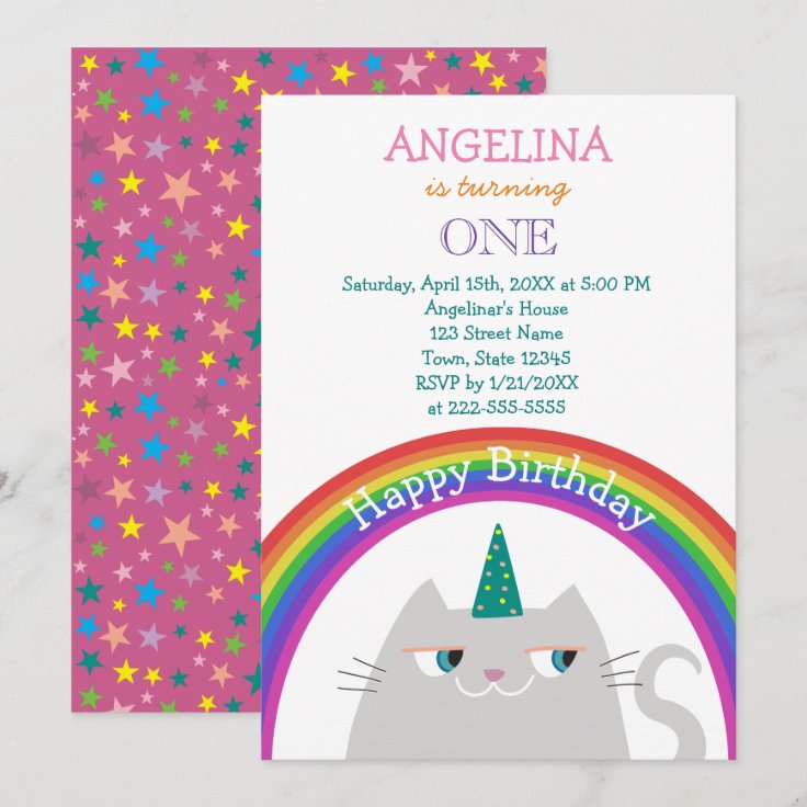Cute Cat Unicorn Girl 1st Birthday Invitation | Zazzle