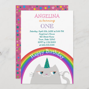 Cute Cat Unicorn Girl 1st Birthday Invitation